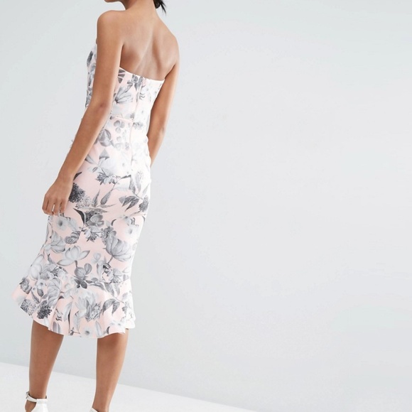 ASOS Pink and Grey Floral Bandeau Peplum Midi Dress - Picture 9 of 10